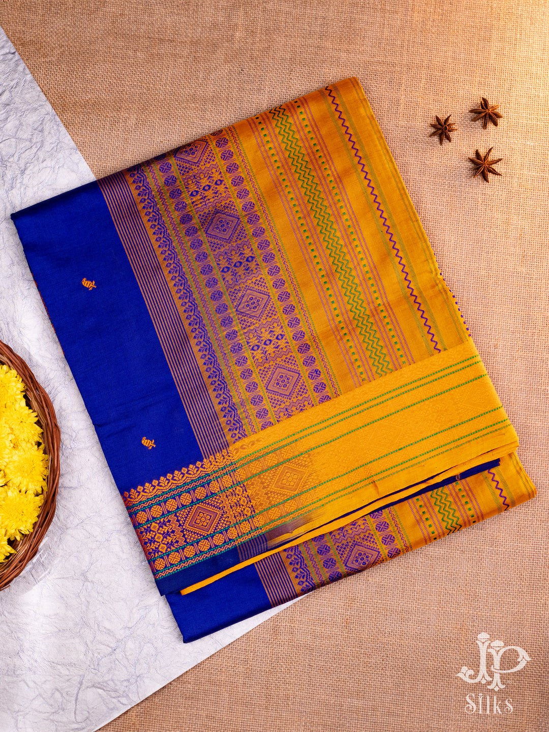 Ink Blue and Mustard Yellow Poly Cotton Saree - D8290