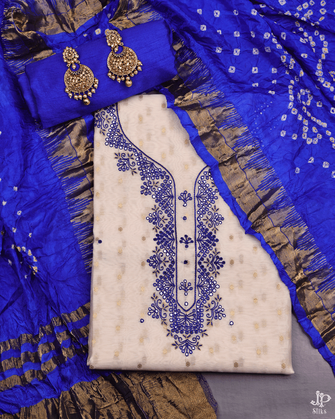 Off - White and Navy Blue Unstitched Chudidhar Material - D7104 - View 1