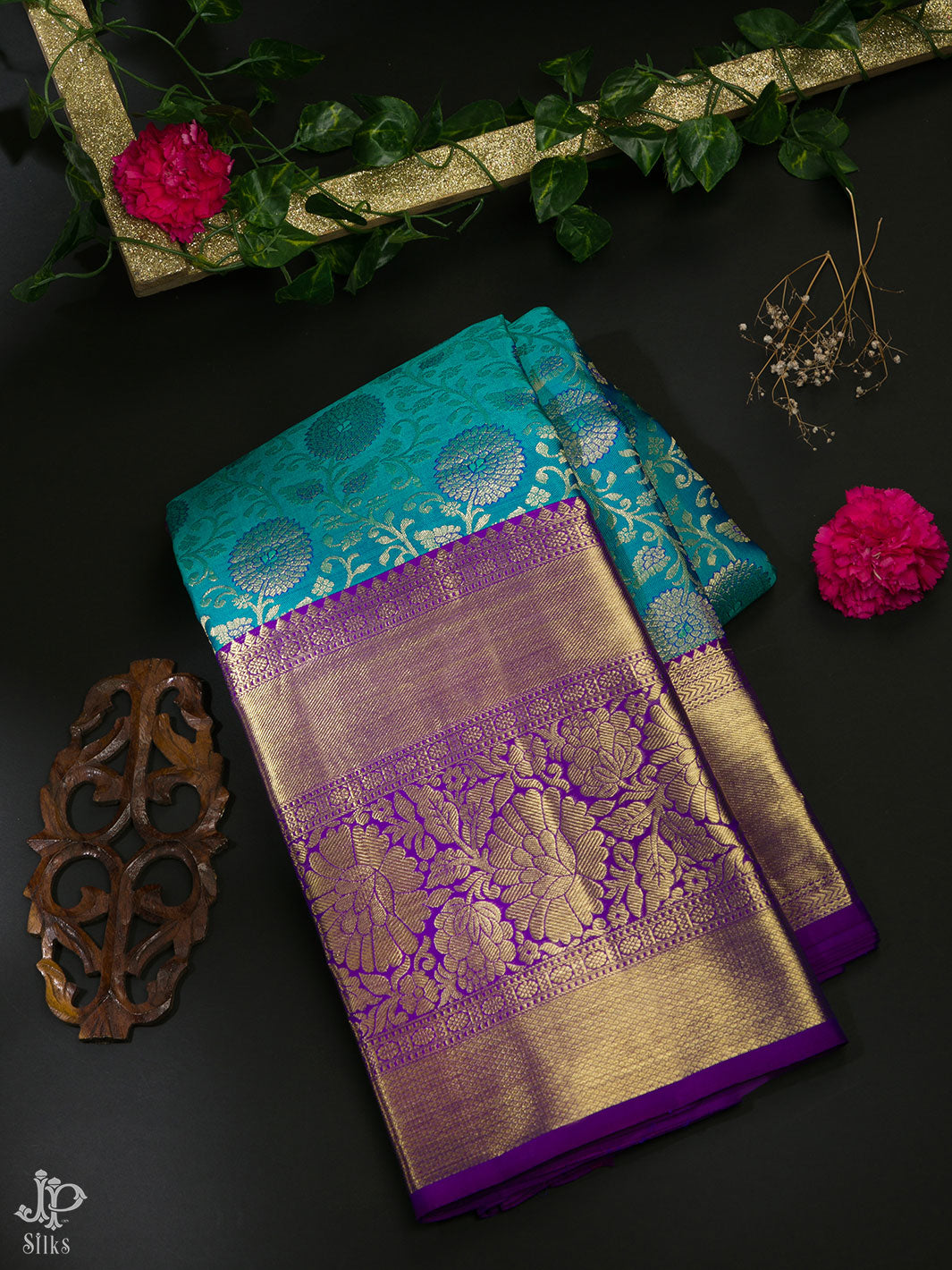 Teal Blue and Purple Kanchipuram Silk Saree - D1070 - View 1