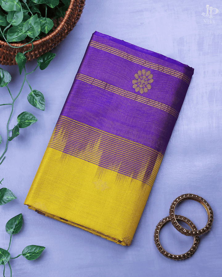 Yellow and Violet Silk Cotton Saree - D8208 - View 1