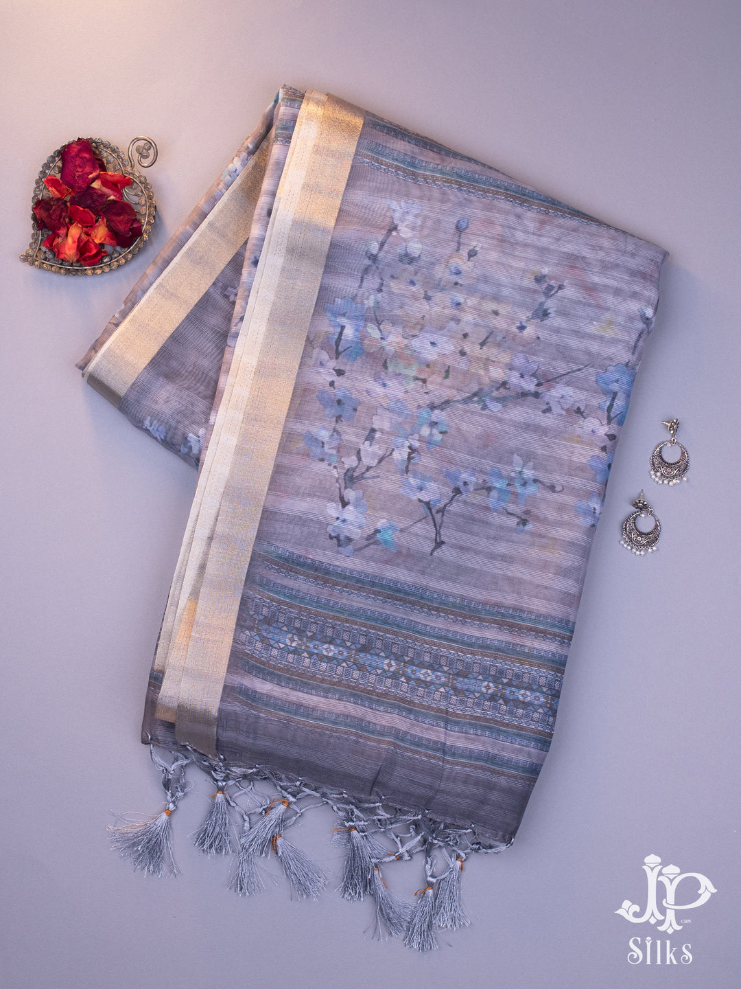 Grey Organza Fancy Saree - E1525