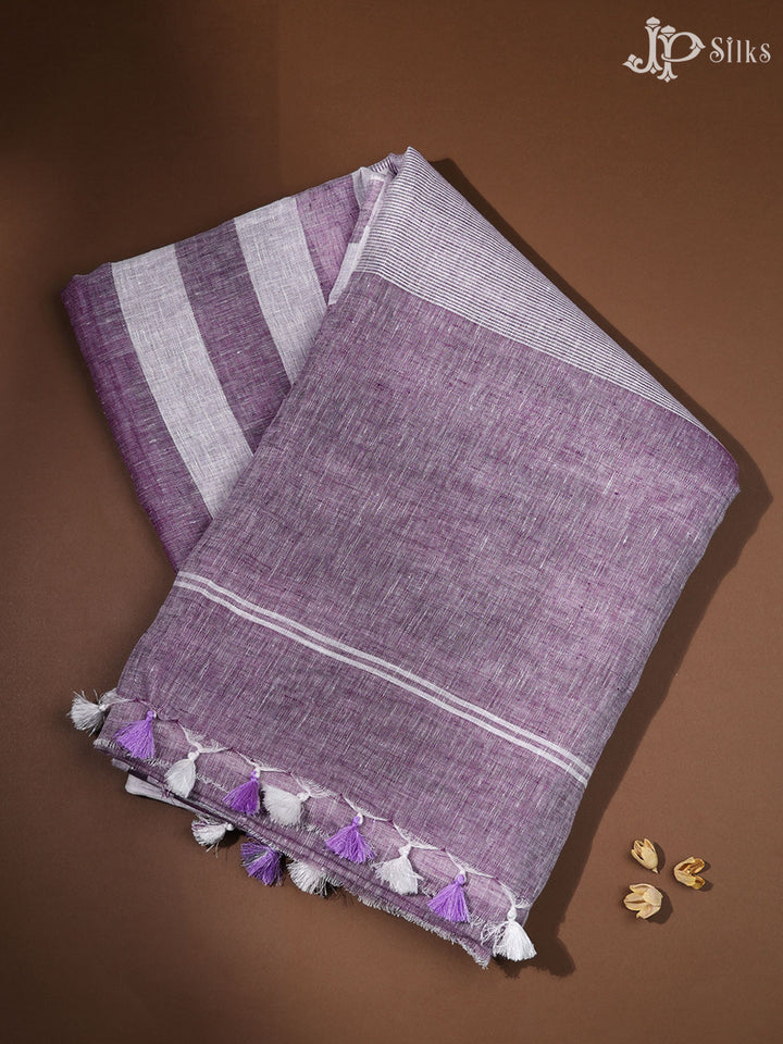 White and Purple Linen Fancy Saree - E4557
