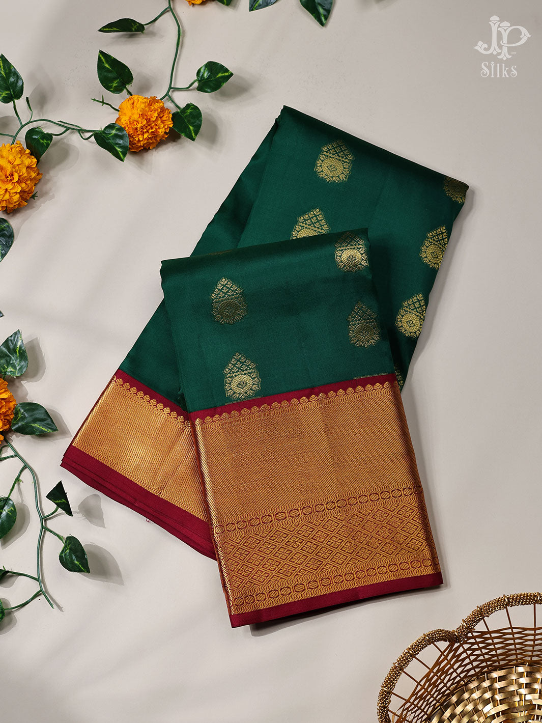 Bottle Green and Maroon Pure Silk Saree - D4758