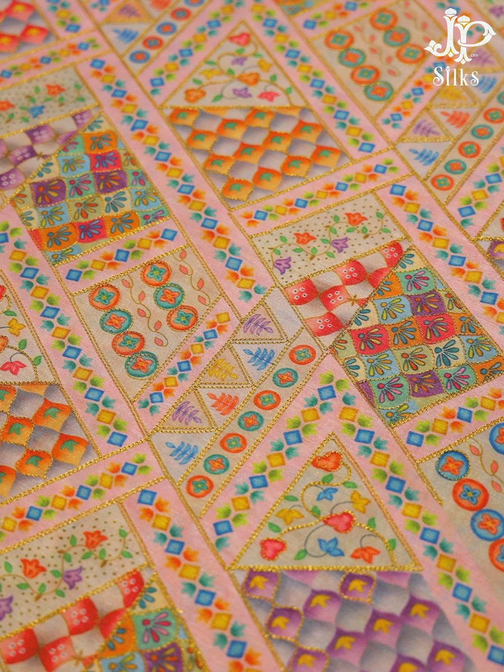 Multicolour Abstract Design Semi Raw Silk Fabric - E4202 - View 1