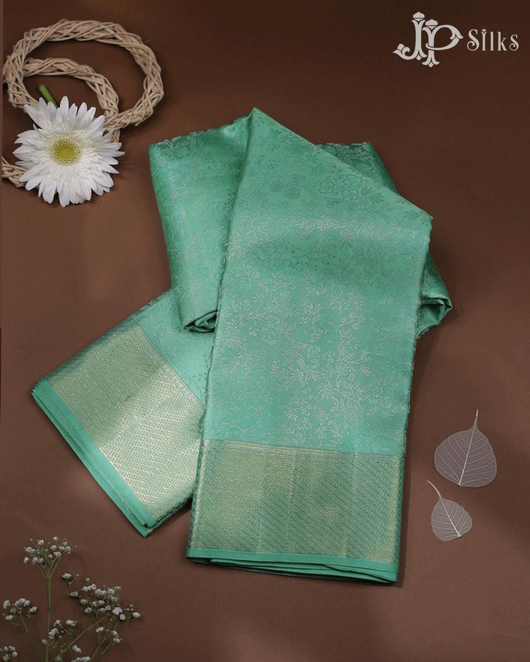 Turquoise Green Floral Design Kanchipuram Silk Saree - D7255