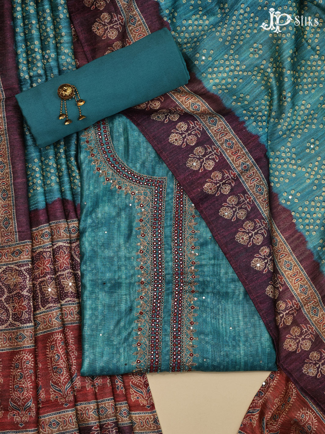 Teal and Blue Tussar Unstiched Chudidhar Material - E1448 - View 1
