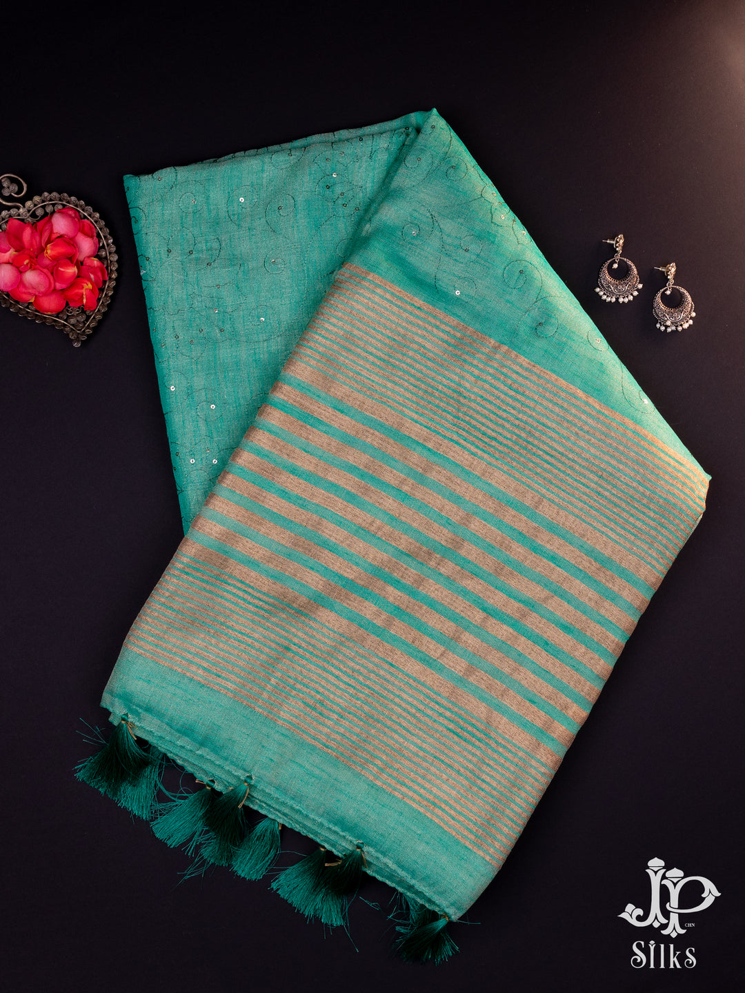 Turquoise Green Tissue Fancy Saree - E730
