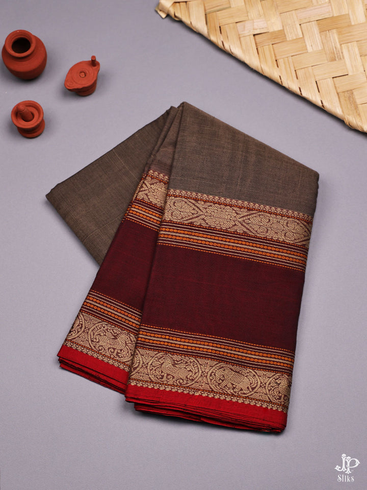 Sandalwood Brown and Maroon Pure Kanchi Cotton Saree - D9716 - View 1