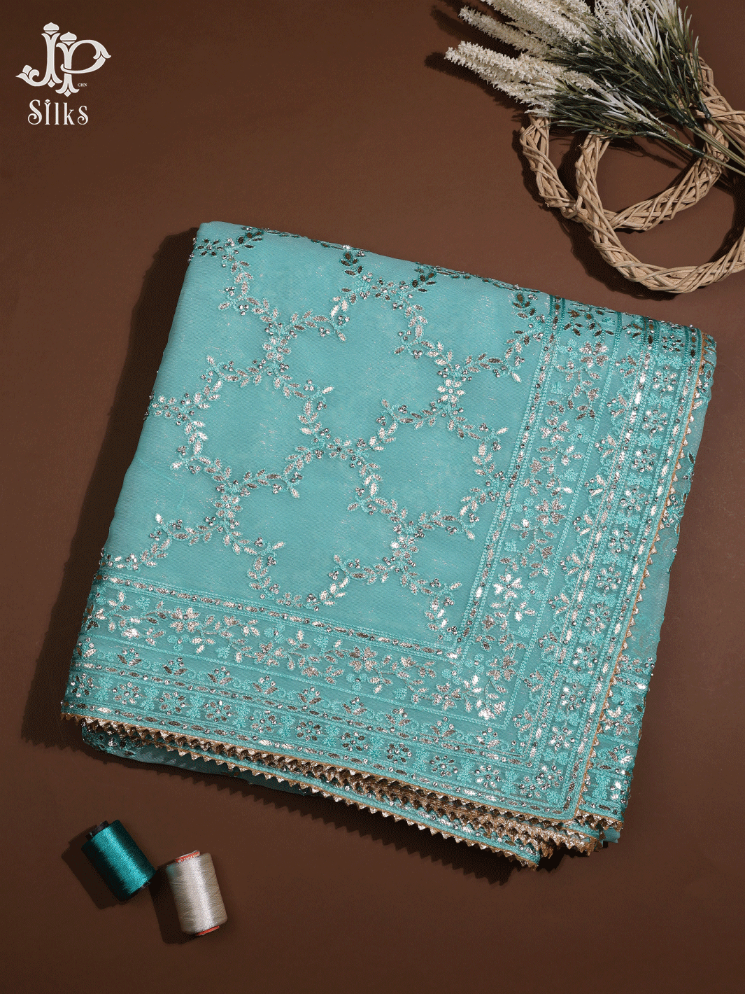 Turquoise Blue Kota Patti Work Shimmer Chiffon Fancy Saree - D9114  
