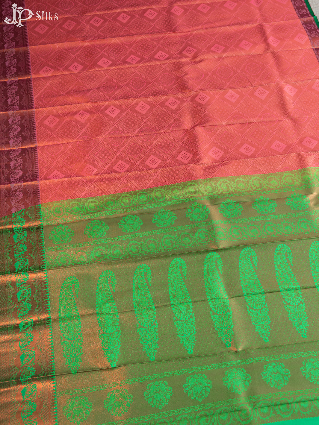 Coral And Light Green Art Silk Saree - E4838