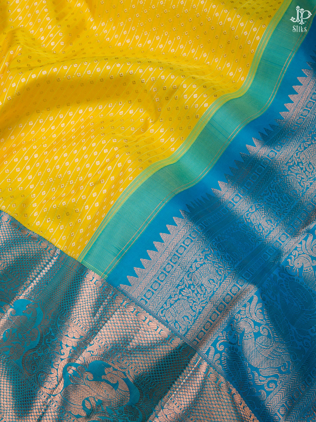 Yellow and Sky Blue Kanchipuram Silk Saree - A2936 - View 2