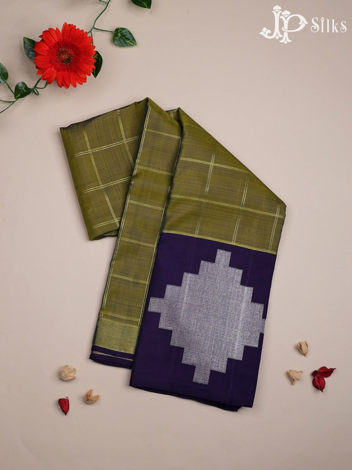 Olive Green and Navy Blue Kanchipuram Silk Saree - A1376