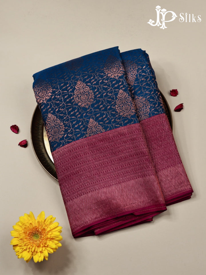 Cobalt Blue with Dark Magenta Kanchipuram Silk Saree - E2484 - View 1