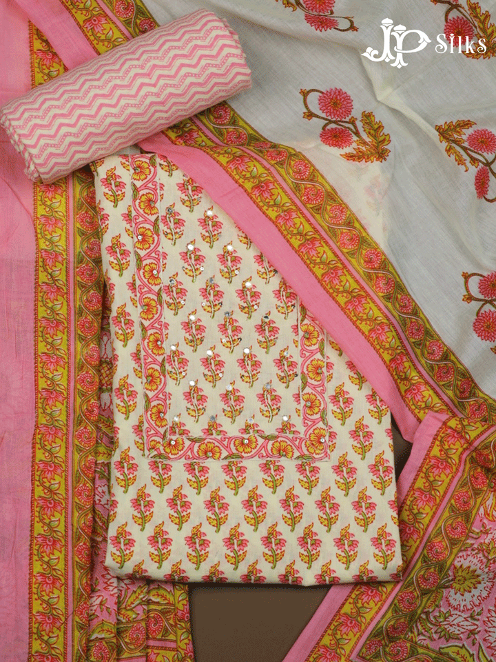 Off white floral Cotton Unstitched Chudidhar Material - F128