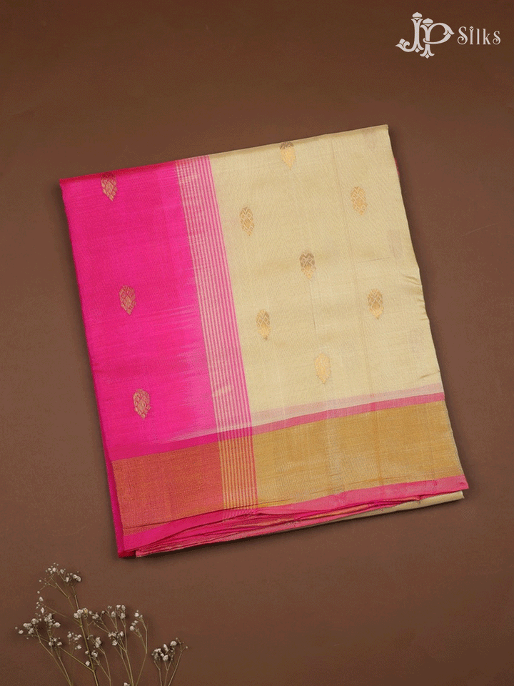 Off White and Pink Silk Cotton Saree - E1597