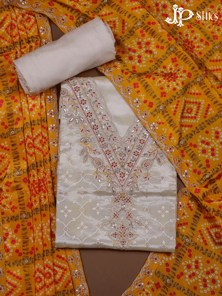 Off White Unstitched Chudidhar Material with Bandhani Dupatta - F174