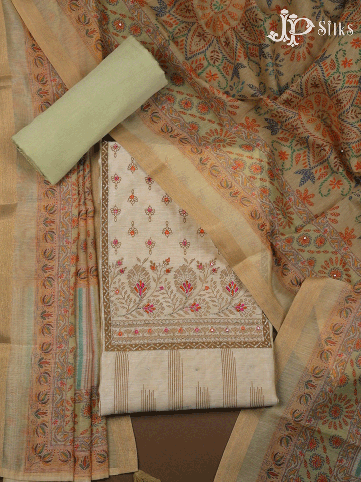 Sandal and Pista Green Unstitched Chudidhar Material Set - E1459