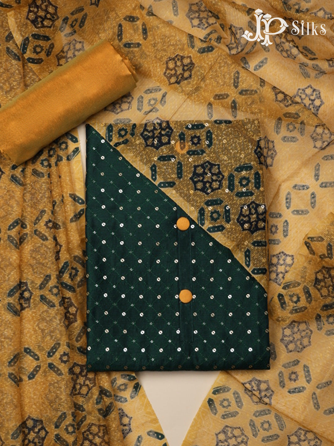 Bottle Green and Yellow Unstitched Chudidhar Material Set - C2321 - View 1