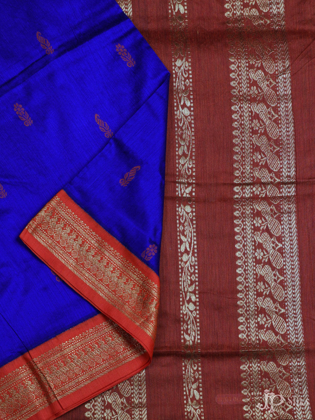 Navy Blue and Brown Cotton Saree - E265 - View 2