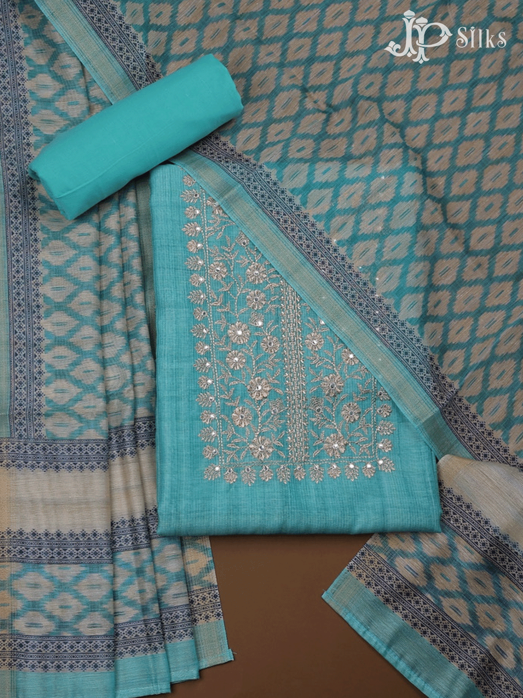 Blue Green Poly Raw Silk Chudidhar Material - D5267