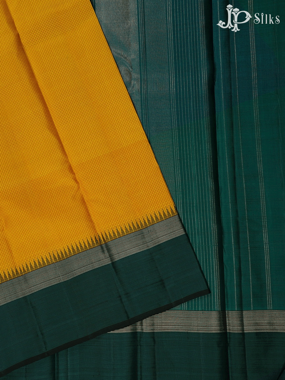 Yellow and Bottle Green Kanchipuram Silk Saree - E5212 - View 2