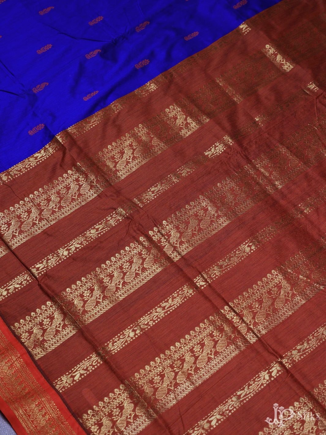 Navy Blue and Brown Cotton Saree - E265 - View 3