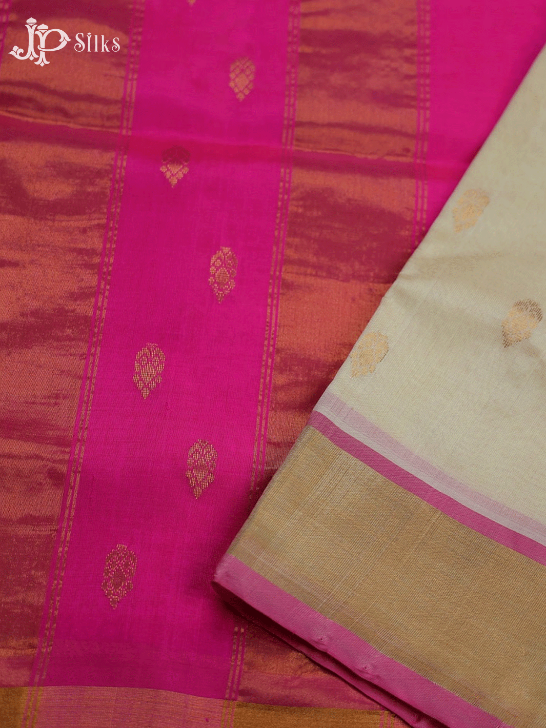 Off White and Pink Silk Cotton Saree - E1597