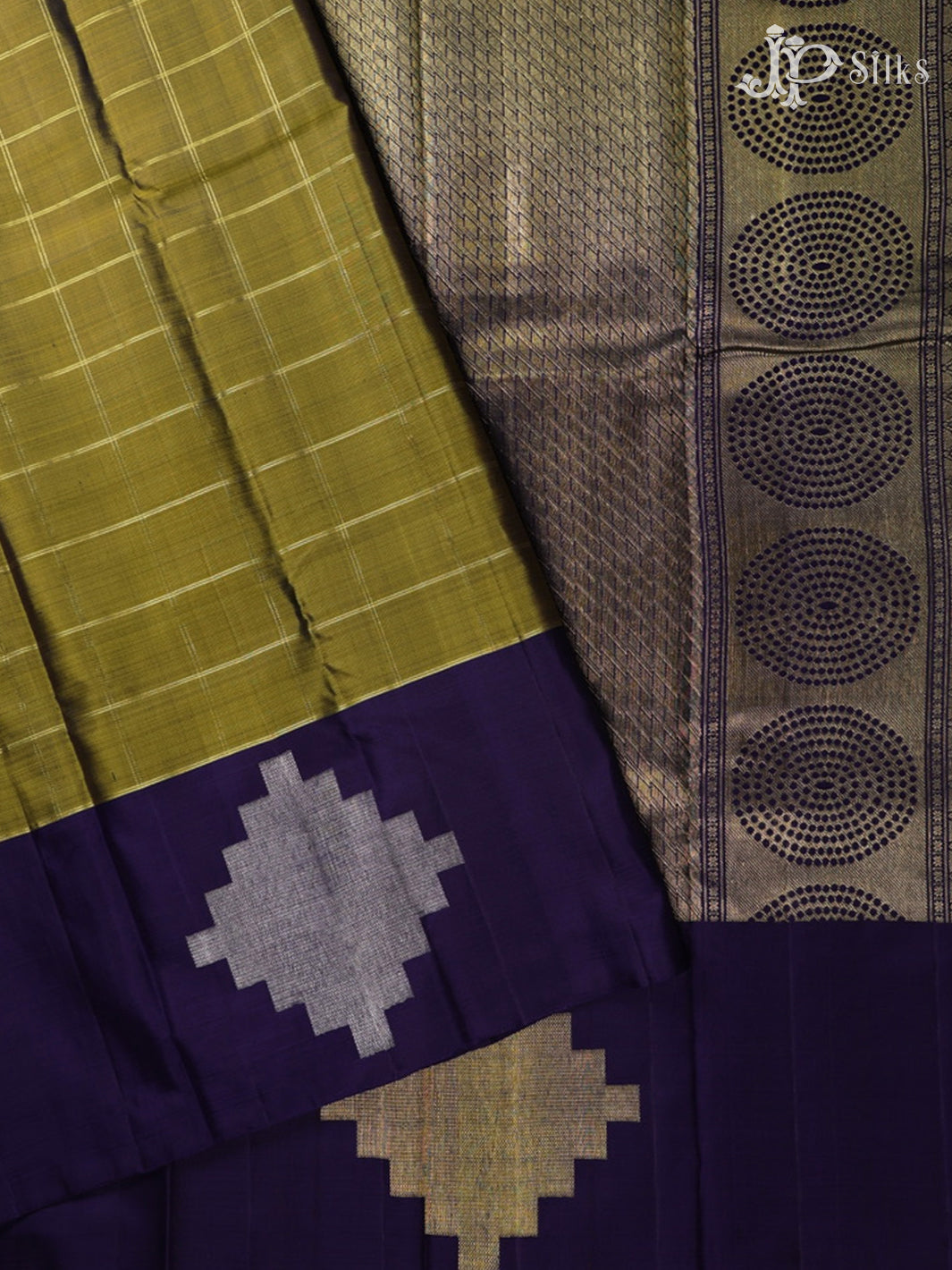 Olive Green and Navy Blue Kanchipuram Silk Saree - A1376