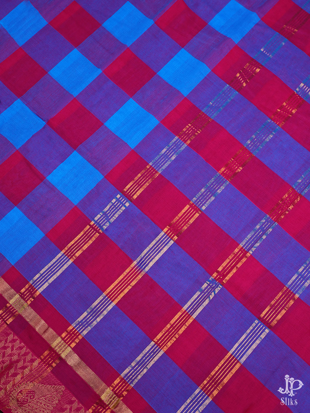 Blue and Red Cotton Saree - D2541 - View 5