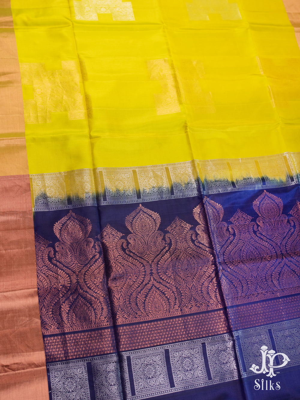 Lime Yellow and Blue Soft Silk Saree - D6126 - VIew 1