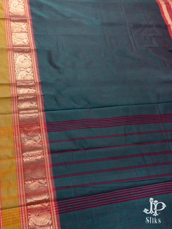 Bottle Gren, Brown and Mustard Yellow Cotton Saree - D9643 - VIew 3