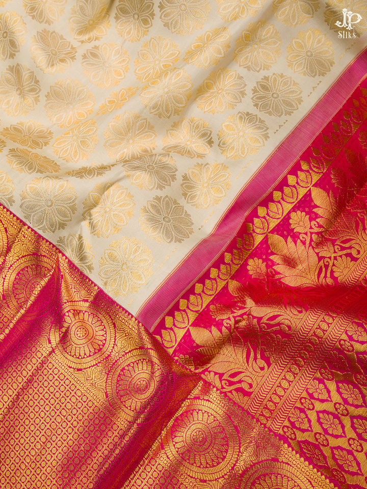 Cream and Pink Kanchipuram Silk Saree - A7237 - View 2
