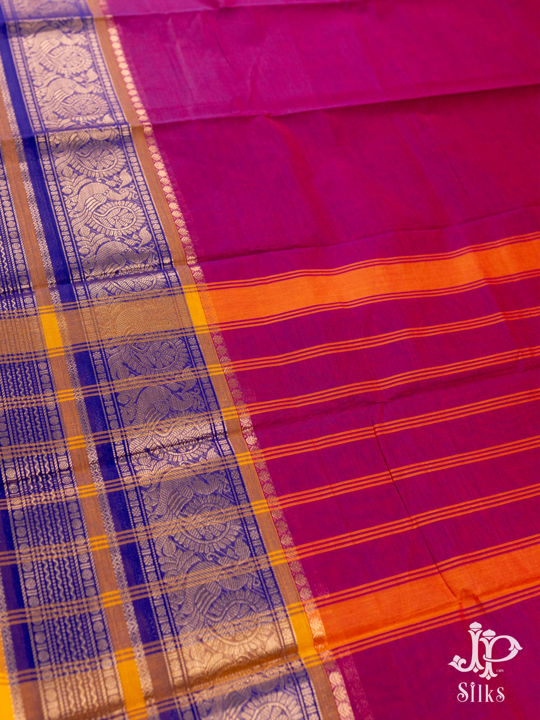 Raspberry Pink and Ink Blue Cotton Saree - D9619 - VIew 3