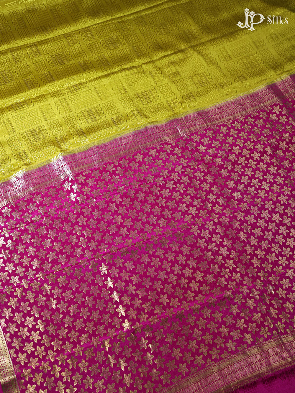 Mustard Yellow and Rani Pink Mysore Silk Saree - D4803 - View 1