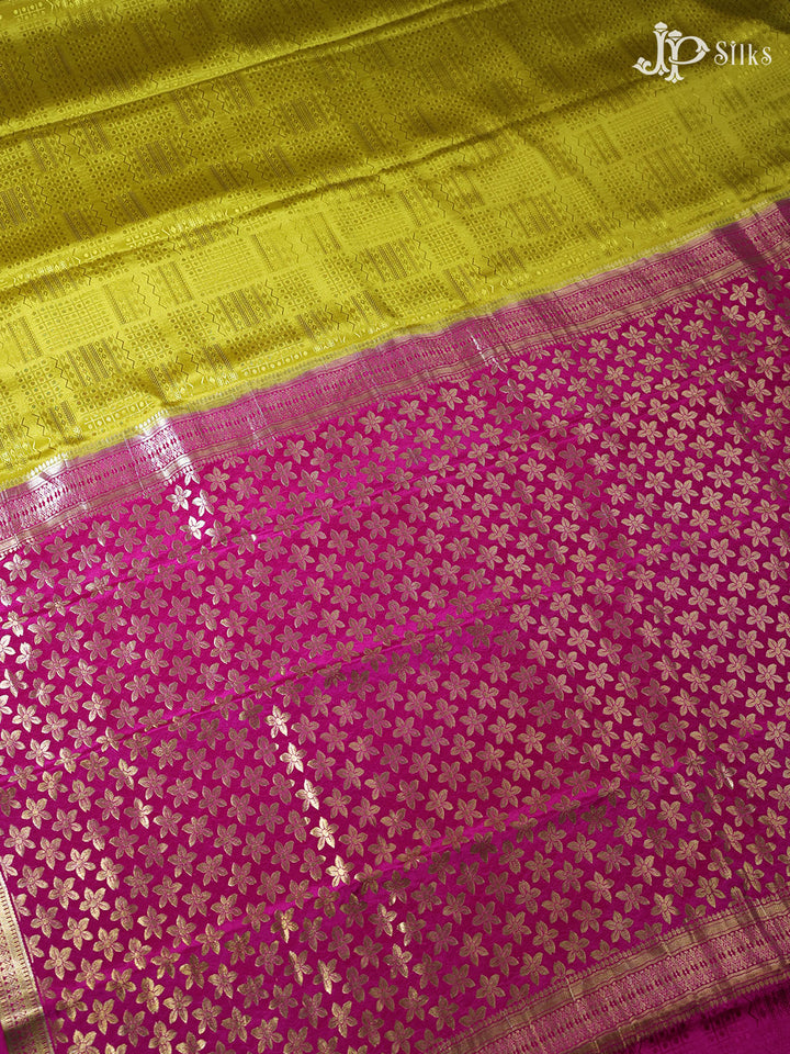 Mustard Yellow and Rani Pink Mysore Silk Saree - D4803 - View 1