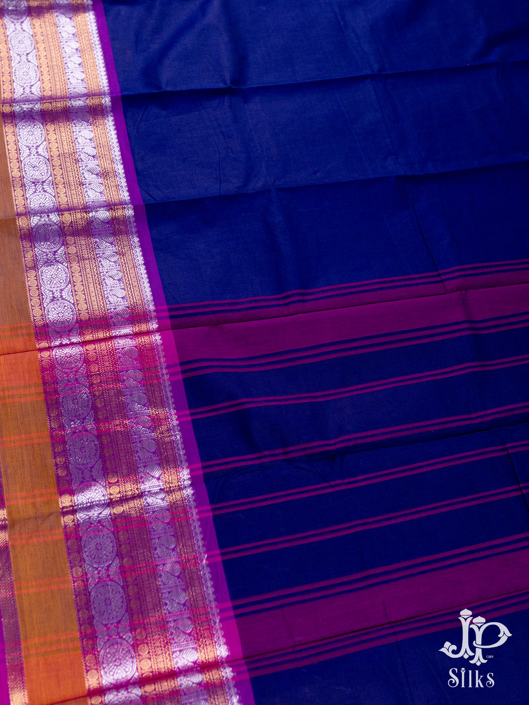 Ink Blue and Magenta Cotton Saree - D9651 - VIew 3
