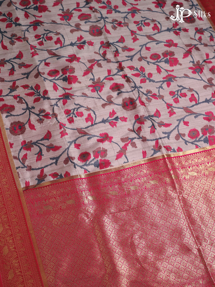 Beige and Rani Pink Semi banaras with Digital Prints Fancy Sarees - E3999 - View 3