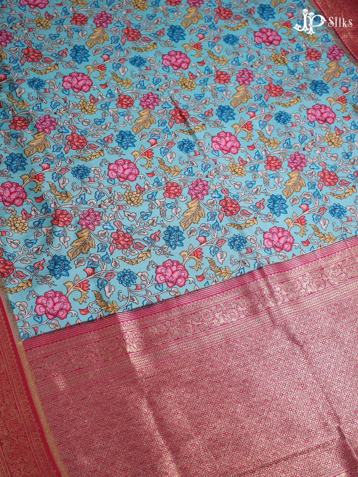 Sky Blue and Pink Semi banaras with Digital Prints Fancy Sarees -  E3997 - View 3