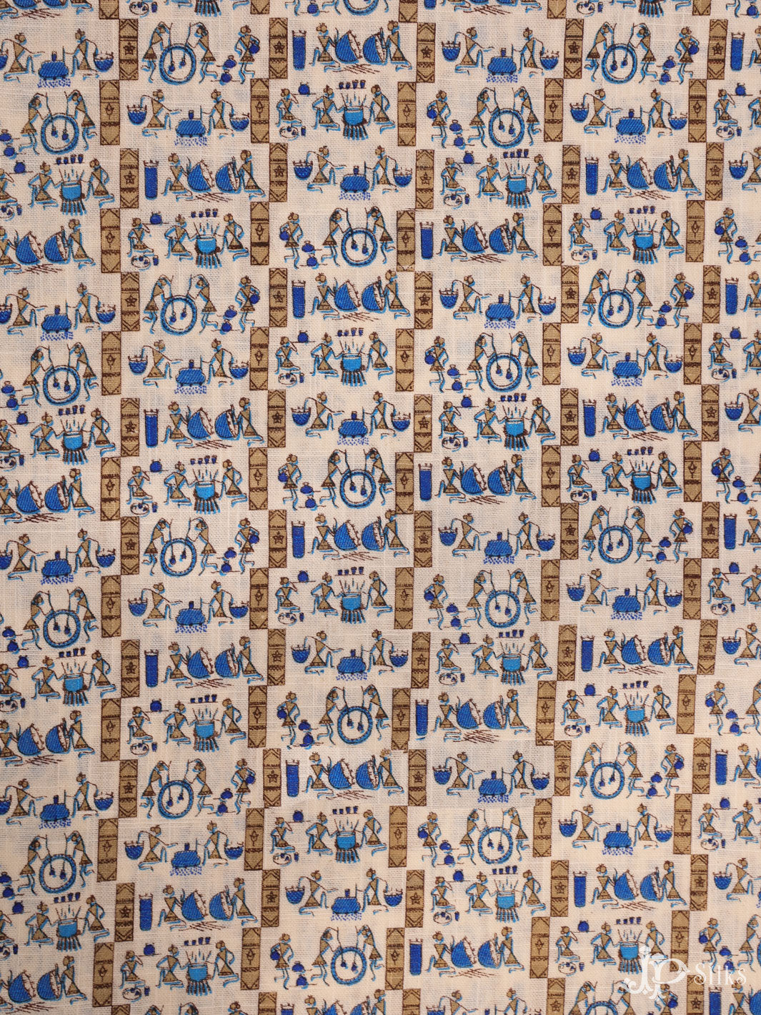 Off-White and Blue Cotton Fabric - A6551 - View 1