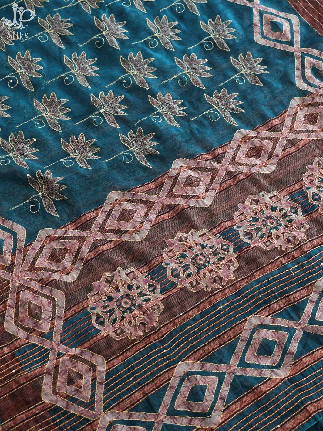 Teal Blue and Brown Semi Chanderi Fancy Saree - D7587 - VIew 5