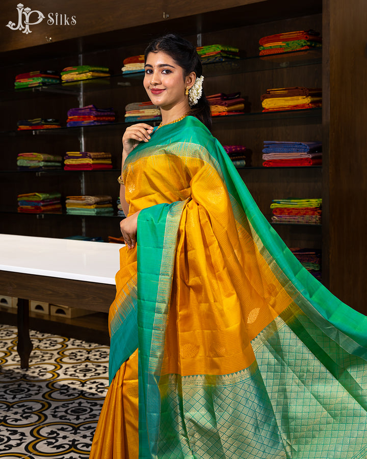 Yellow And Teal Green Soft Silk Saree - F2749