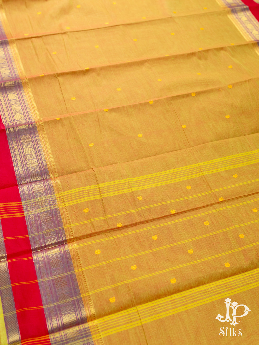 Mustard Yellow and Red Cotton Saree - D9680 - VIew 3