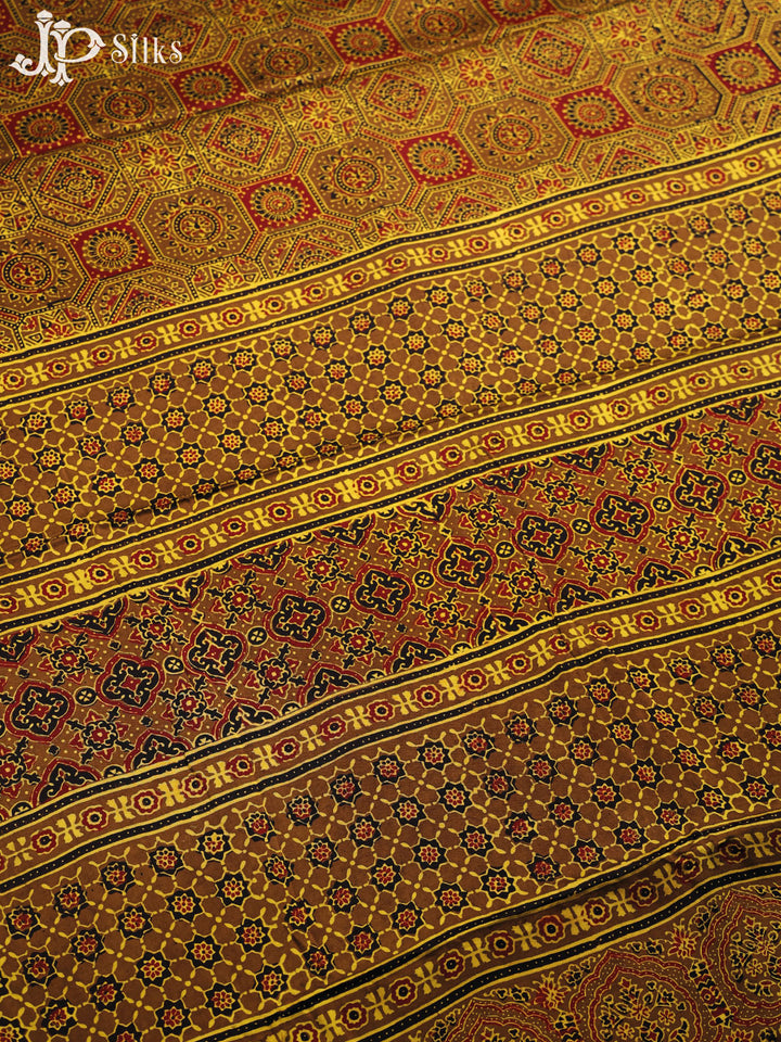 Mustard Yellow and Brown Ajrakh Printed Modal Silk Fancy Saree - E5044 - View 3