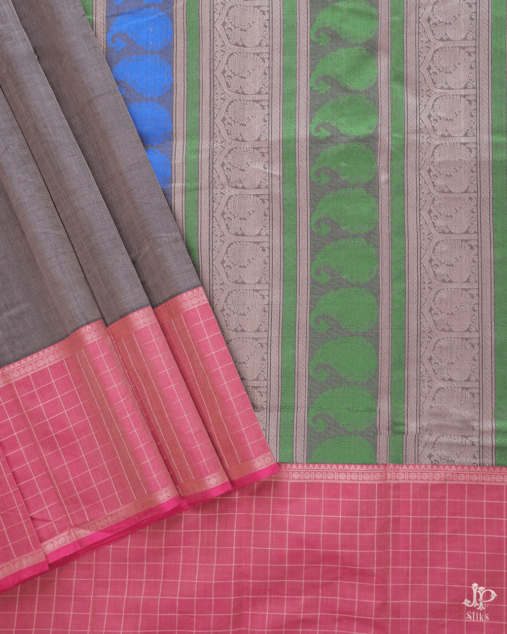 Grey and Peach Pink Pure Kanchi Cotton Saree - D9702 - View 2