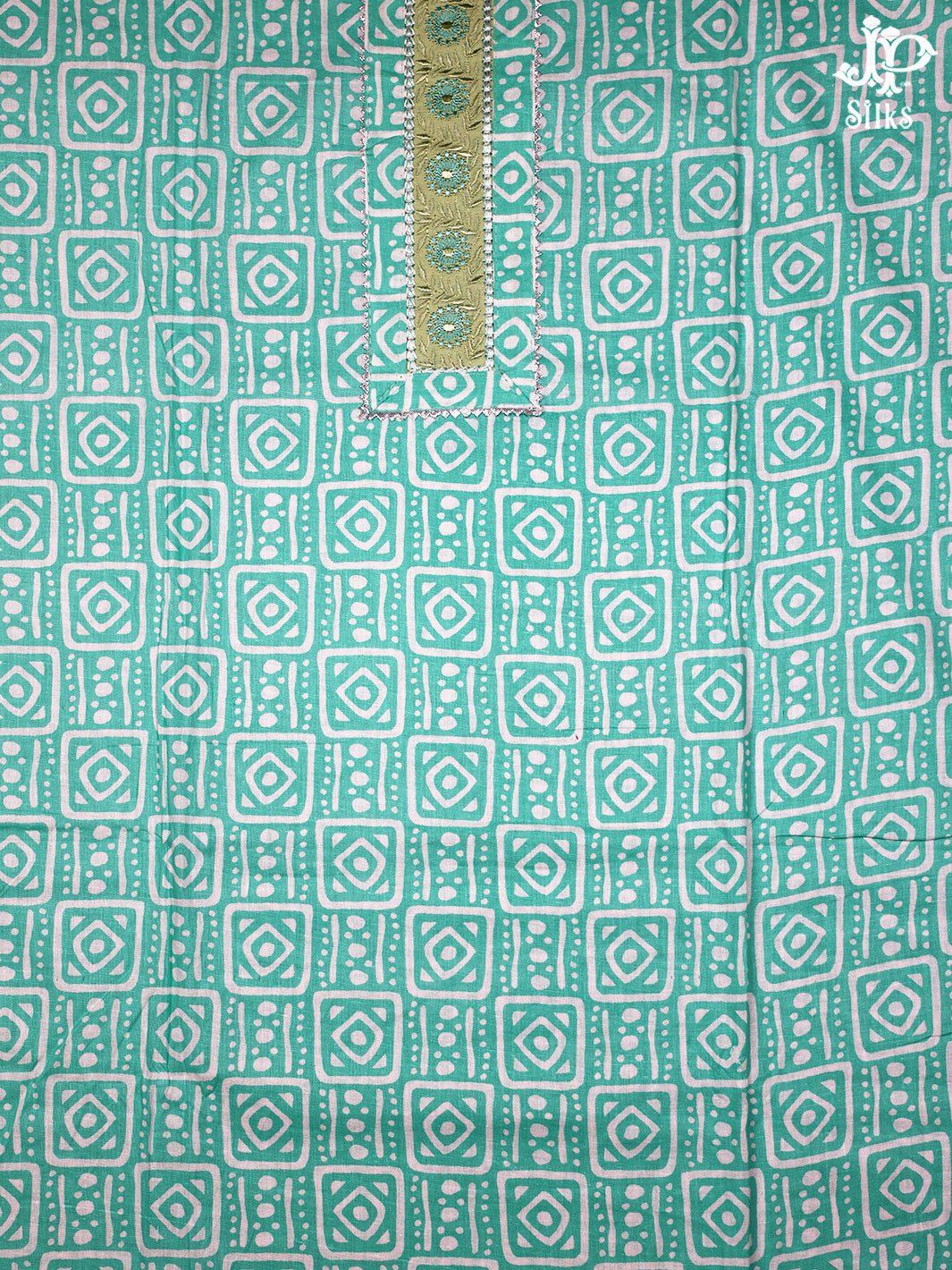 White and Turquoise Blue Cotton Chudidhar Material - D5151 - View 1