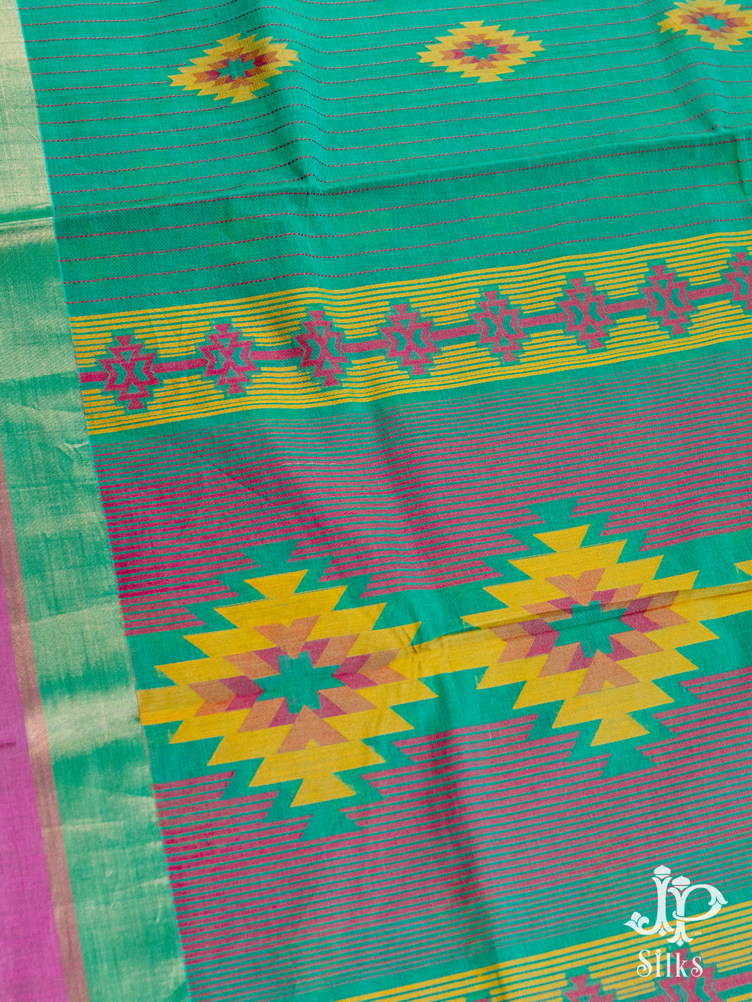 Leaf Green and Pink Cotton Saree - D2444 - View 3