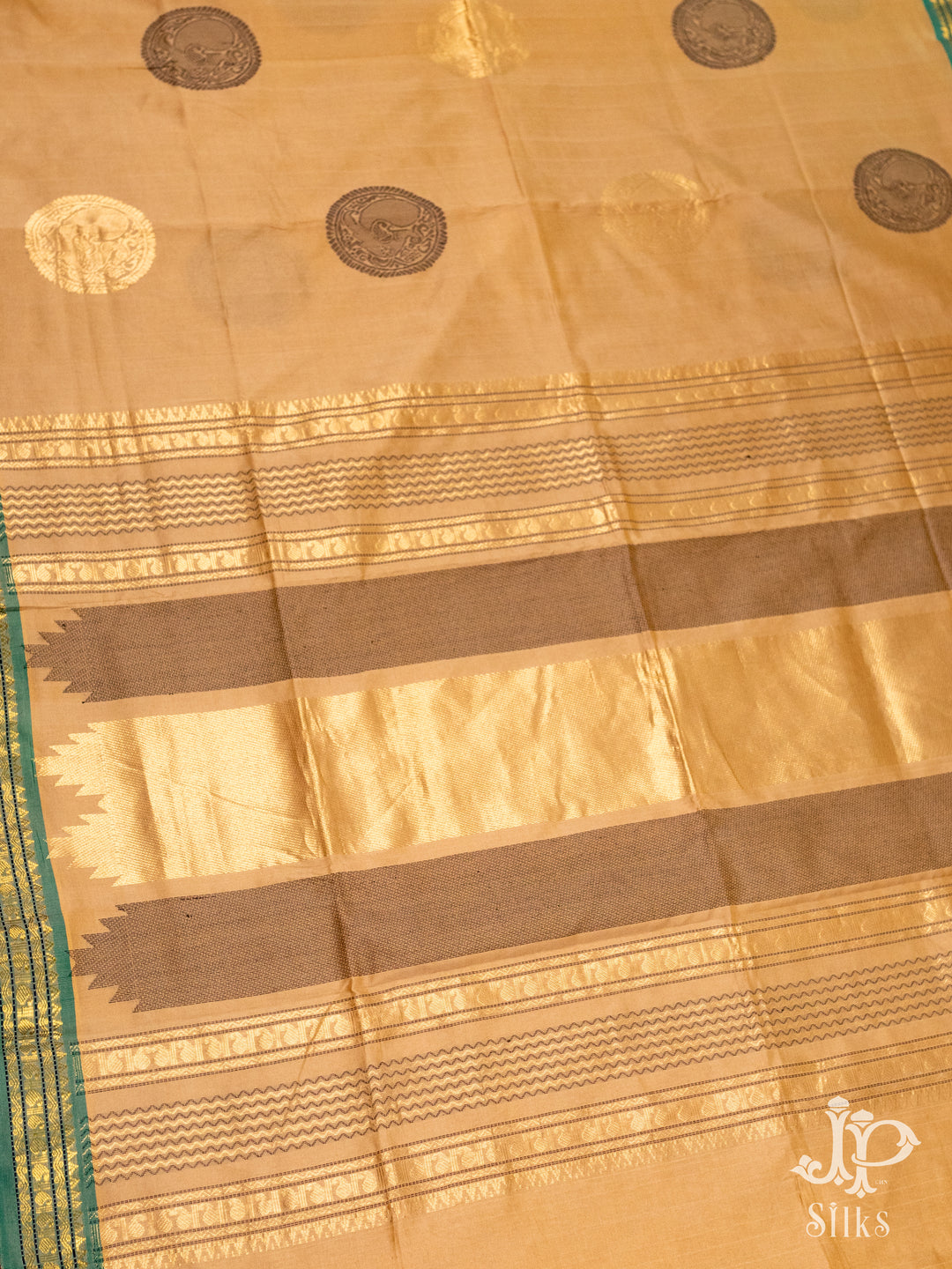 Beige and Green Poly Cotton Saree - D8313-1