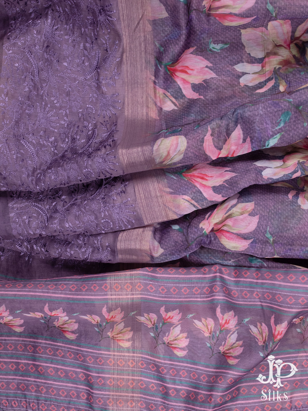 Purple and Mauve Semi Chanderi Fancy Saree - E1432 - View 2