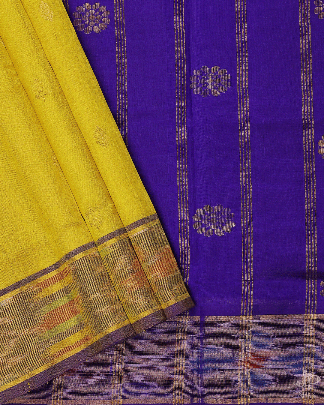 Yellow and Violet Silk Cotton Saree - D8208 - View 2