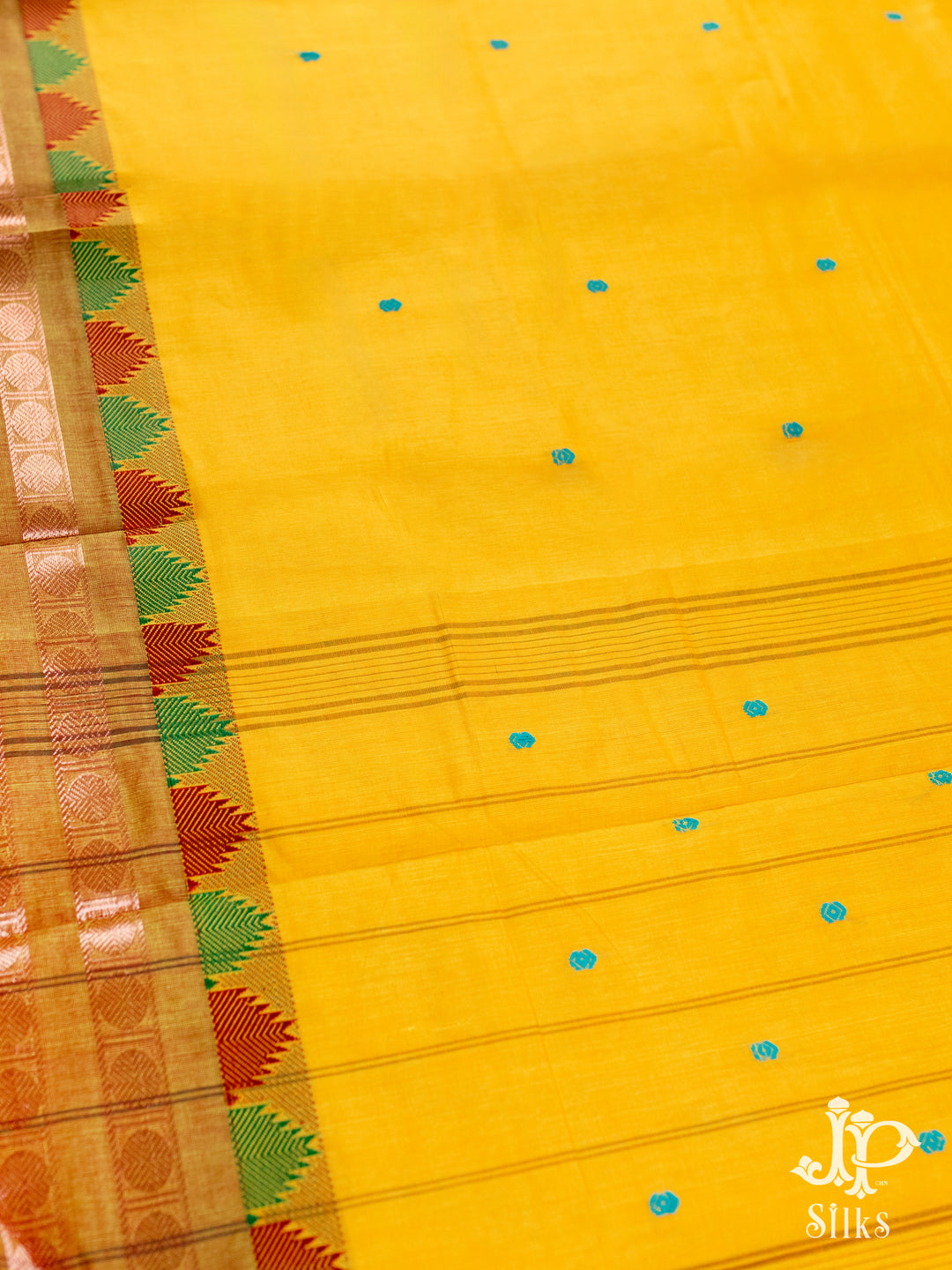 Yellow, Green and Red Cotton Saree - D9674 - VIiew 3